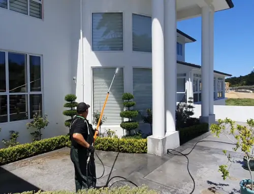 a person holding a pressure washer in front of a white house