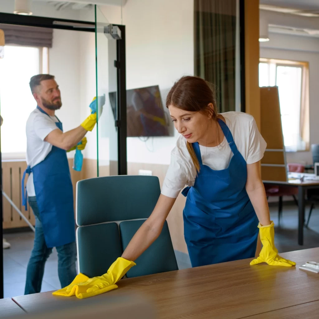 Two persons wearing yellow gloves and a white-blue uniform are cleaning the room