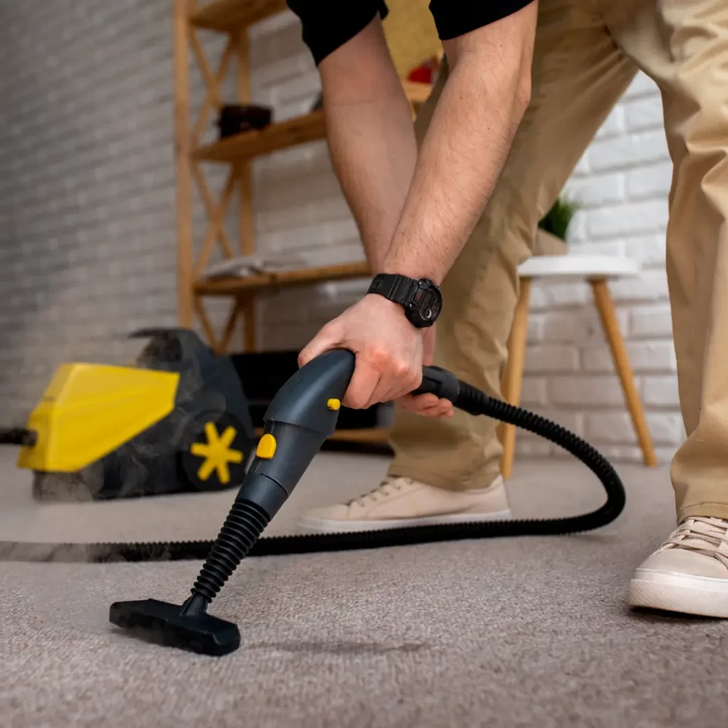 a person using a vacuum cleaner to clean the carpet