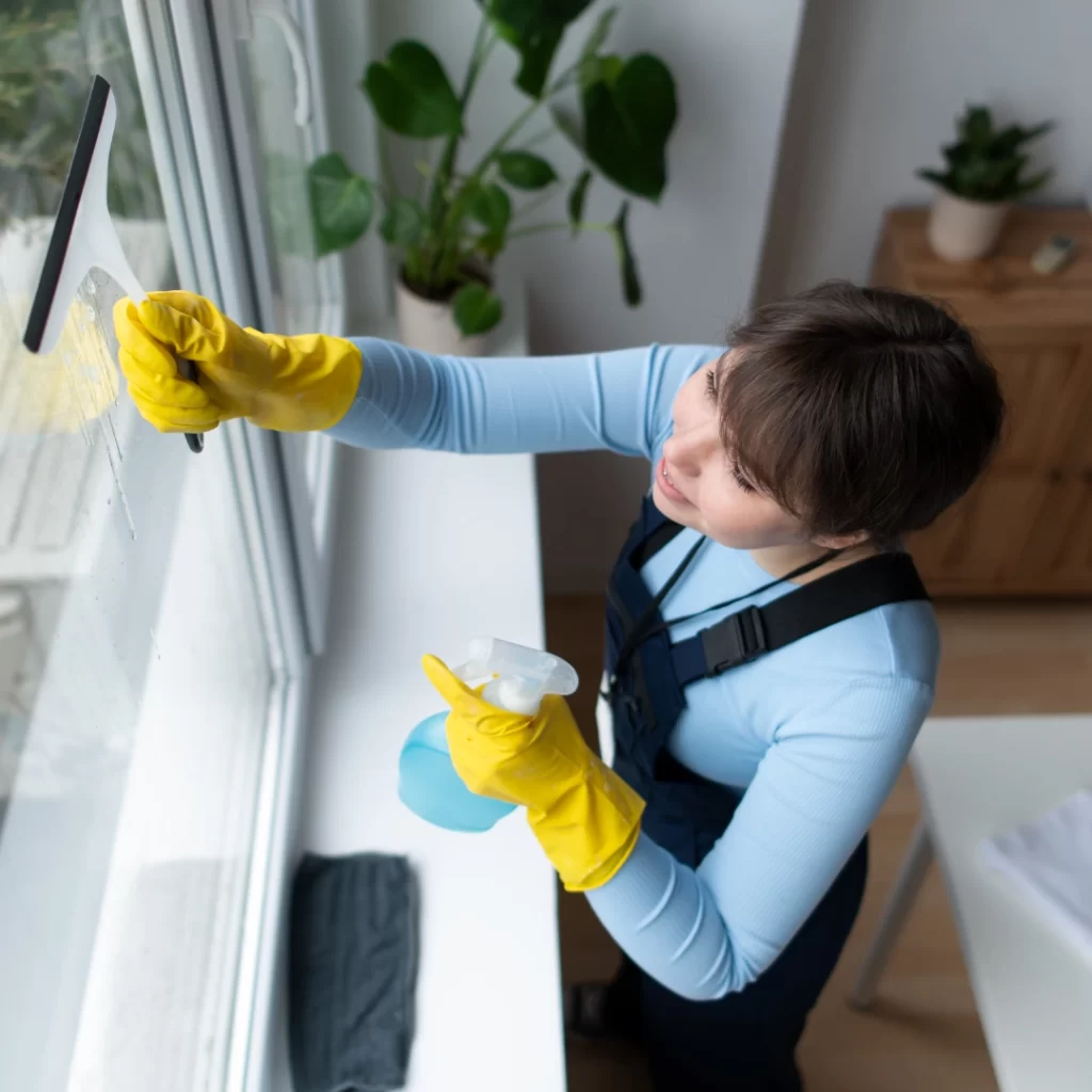 a woman cleaning a window