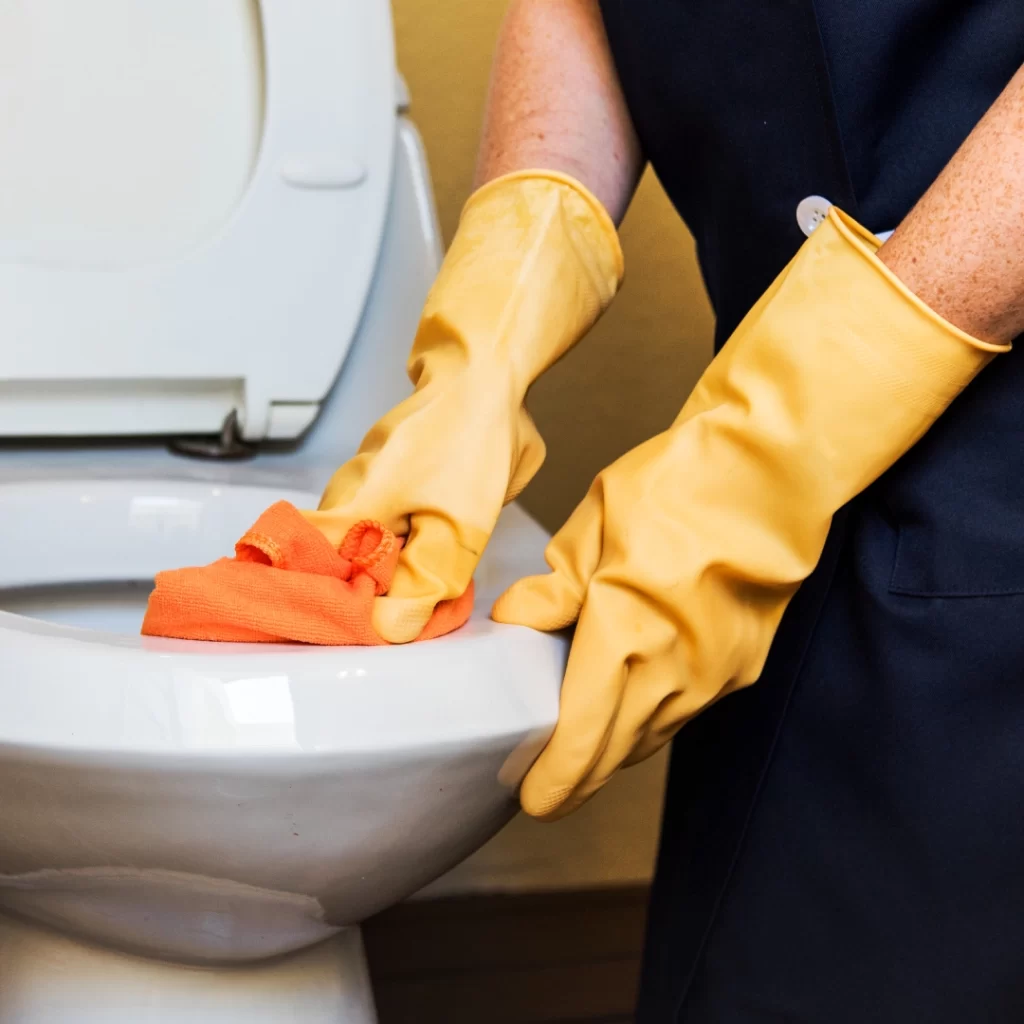 a person cleaning a toilet