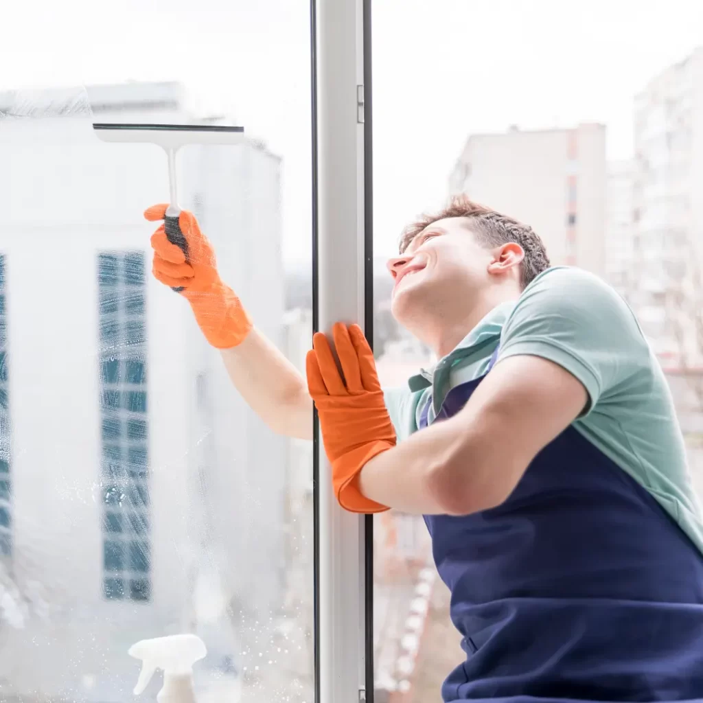 a person cleaning a window